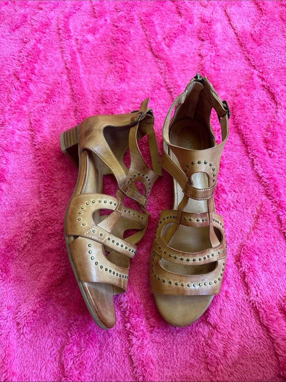 Antelope Tan Studded Strappy Block Heel boho Sandals